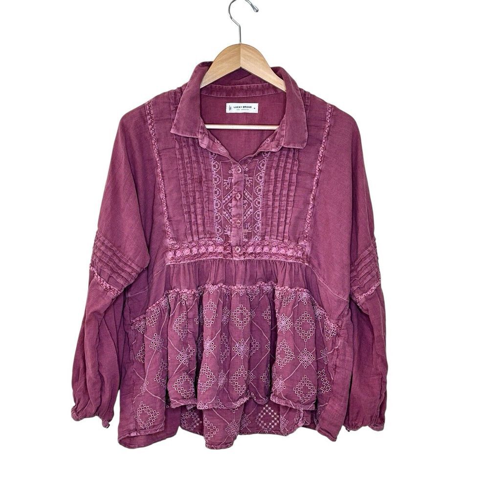 Lucky Brand Womens Top Sz Medium Eyelet Boho Henley Tiered Embroidered Blouse